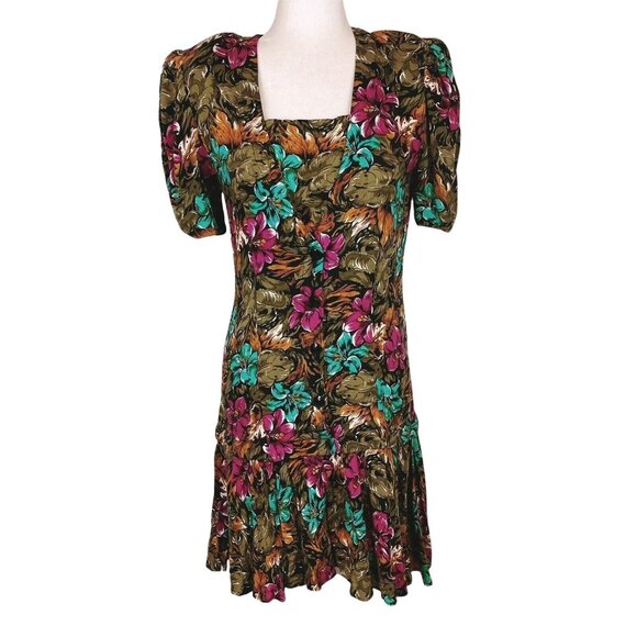 Joni Blair Midi Dress Womens 5‎ Brown VTG 80s Pleated Button Front Floral - Picture 1 of 12